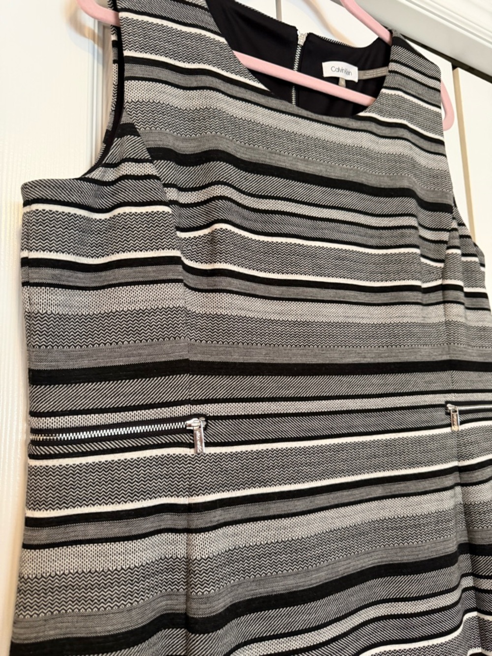 Calvin Klein Black, Gray and White Striped Midi Sheath Dress - Picture 2 of 3